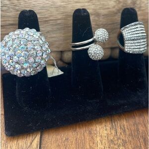 3 Rhinestone silver tone rings bling cluster size 7/8 adjustable